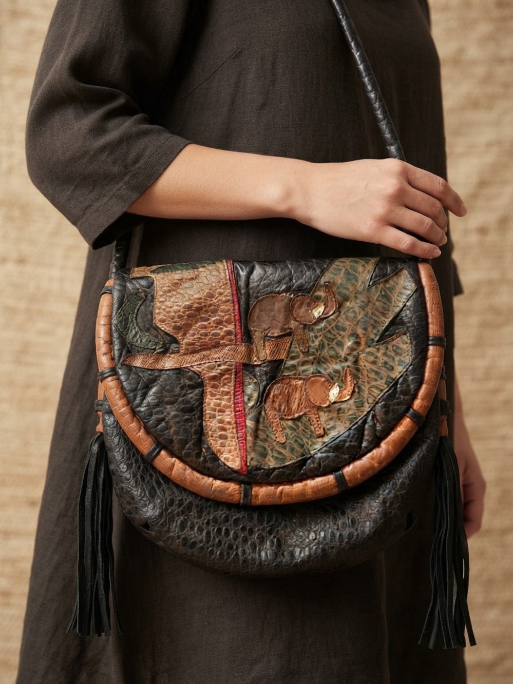 vintage leather shoulder bag patchwork elephant design fringe western purse boho